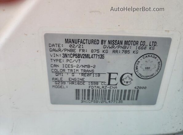 3N1CP5BV2ML477135 2021 NISSAN KICKS White Widok naklejki z numerem VIN