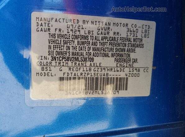 3N1CP5BV2ML538709 2021 NISSAN KICKS Blue VIN sticker view