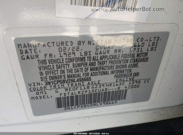 3N1CP5BV2NL498665 2022 NISSAN KICKS White Widok komory silnika