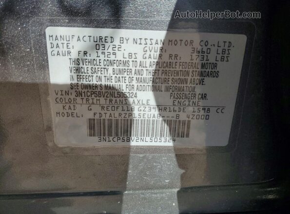 3N1CP5BV2NL505324 2022 NISSAN KICKS Gray VIN sticker view