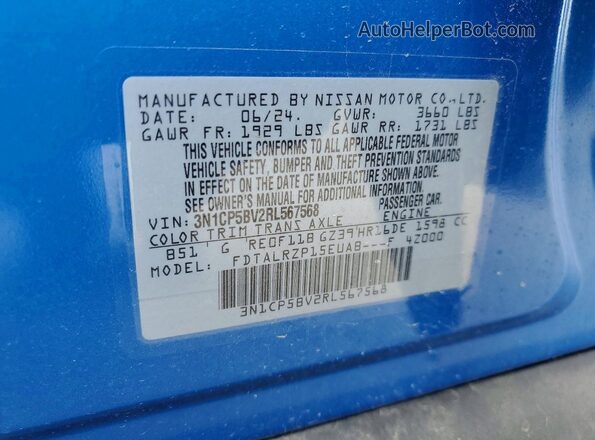 3N1CP5BV2RL567568 2024 NISSAN KICKS Blue VIN კოდის სტიკერის ხედი