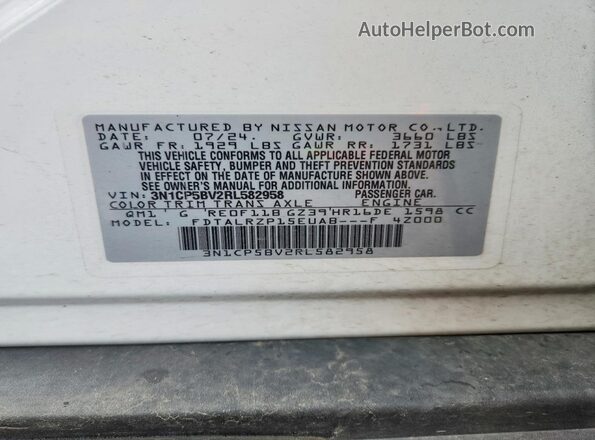3N1CP5BV2RL582958 2024 NISSAN KICKS White Вид наклейки з VIN-кодом