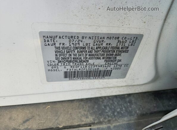 3N1CP5BV2RL583429 2024 NISSAN KICKS White VIN კოდის სტიკერის ხედი