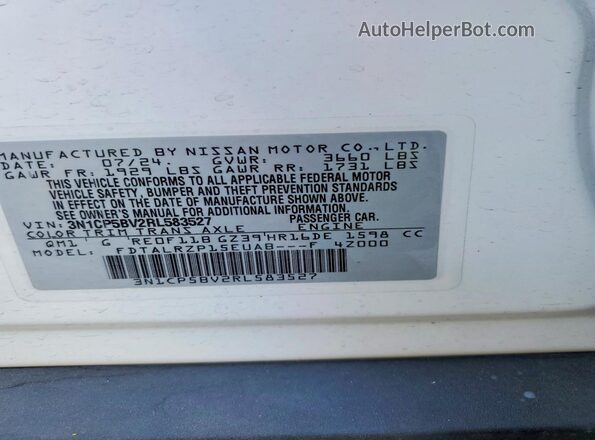 3N1CP5BV2RL583527 2024 NISSAN KICKS White Вид наклейки з VIN-кодом