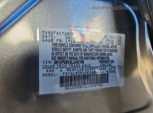 3N1CP5BV3LL542766 2020 NISSAN KICKS Gray Vista interior de 360 grados