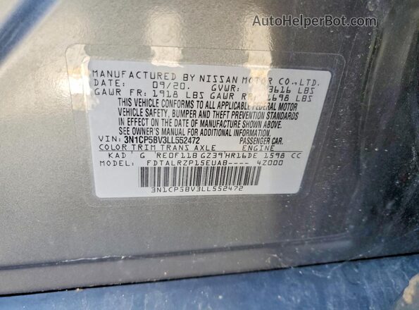 3N1CP5BV3LL552472 2020 NISSAN KICKS Gray 360 interior view