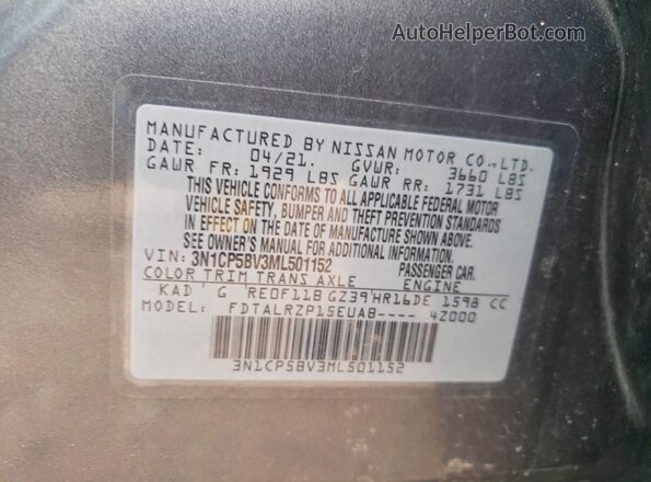 3N1CP5BV3ML501152 2021 NISSAN KICKS Gray Vista de la etiqueta del VIN