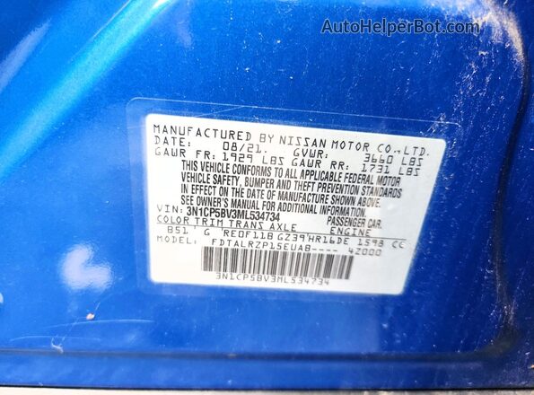 3N1CP5BV3ML534734 2021 NISSAN KICKS Blue VIN კოდის სტიკერის ხედი
