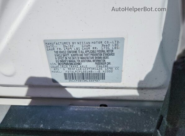 3N1CP5BV3NL522987 2022 NISSAN KICKS White VIN կոդի պիտակի տեսք