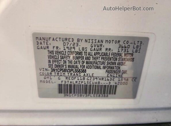 3N1CP5BV3PL558388 2023 NISSAN KICKS White Widok naklejki z numerem VIN