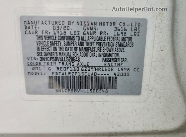 3N1CP5BV4LL520548 2020 NISSAN KICKS White VIN կոդի պիտակի տեսք