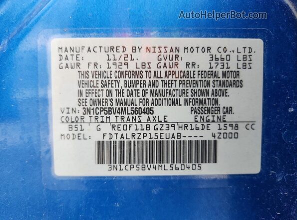 3N1CP5BV4ML560405 2021 NISSAN KICKS Blue Вид наклейки з VIN-кодом