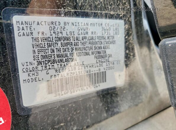3N1CP5BV4NL497064 2022 NISSAN KICKS Black Вид наклейки з VIN-кодом