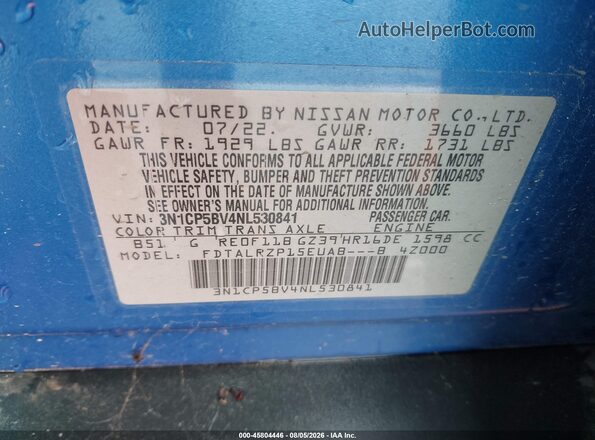 3N1CP5BV4NL530841 2022 NISSAN KICKS Blue ძრავის განყოფილების ხედი