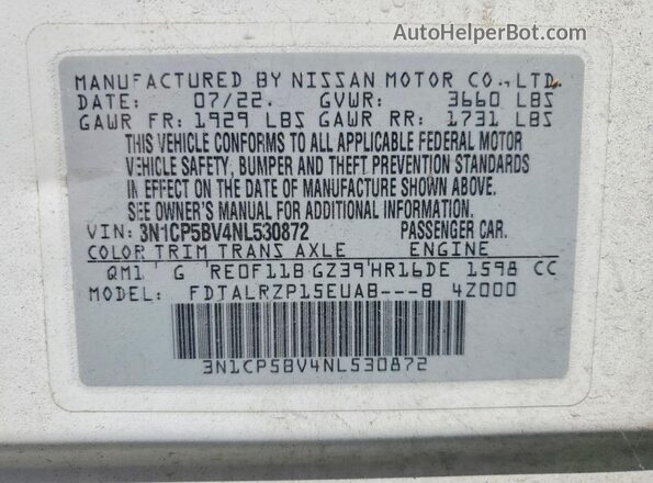 3N1CP5BV4NL530872 2022 NISSAN KICKS White Вид наклейки з VIN-кодом