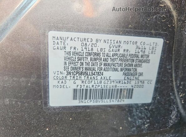 3N1CP5BV5LL547824 2020 NISSAN KICKS Gray სალონის 360-გრადუსიანი ხედი