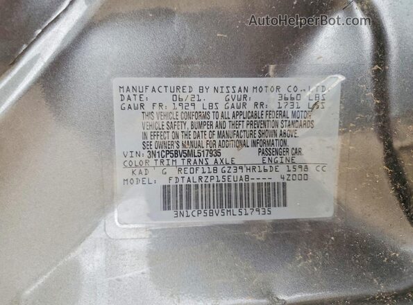 3N1CP5BV5ML517935 2021 NISSAN KICKS Gray VIN կոդի պիտակի տեսք