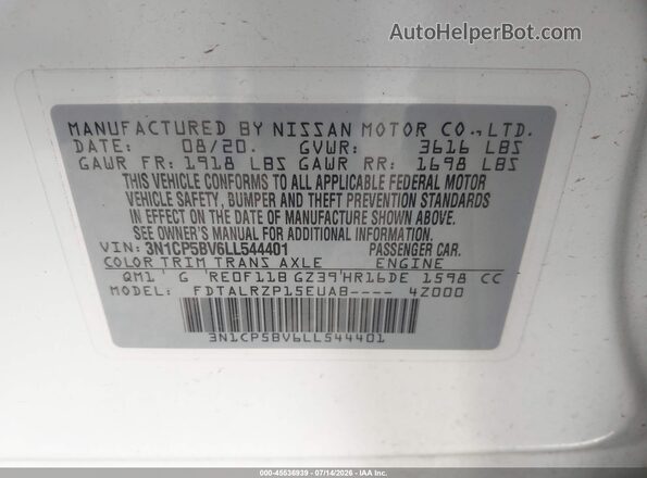 3N1CP5BV6LL544401 2020 NISSAN KICKS White Widok komory silnika