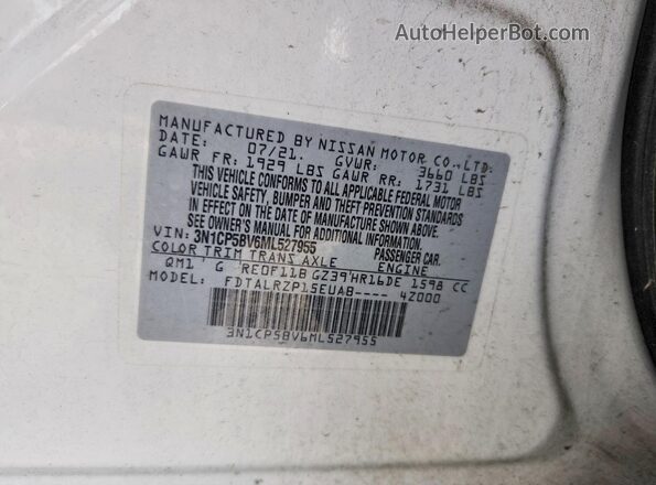 3N1CP5BV6ML527955 2021 NISSAN KICKS White Vista de la etiqueta del VIN