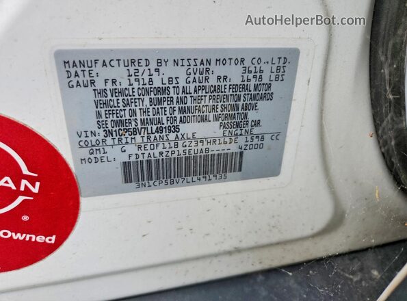 3N1CP5BV7LL491935 2020 NISSAN KICKS White სალონის 360-გრადუსიანი ხედი