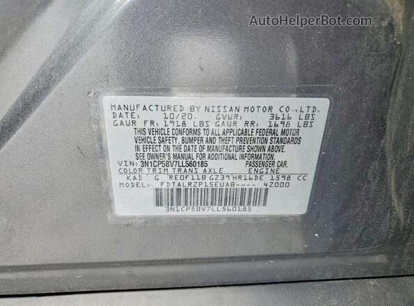 3N1CP5BV7LL560185 2020 NISSAN KICKS Gray VIN sticker view