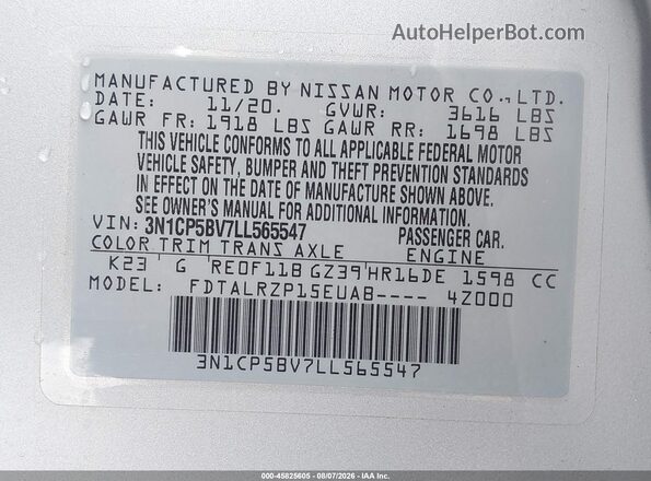 3N1CP5BV7LL565547 2020 NISSAN KICKS Silver Widok komory silnika