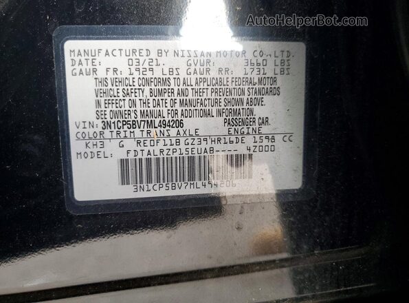 3N1CP5BV7ML494206 2021 NISSAN KICKS Black Vista de la etiqueta del VIN