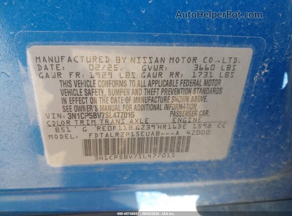 3N1CP5BV7SL477015 2025 NISSAN KICKS PLAY Blue Engine compartment view