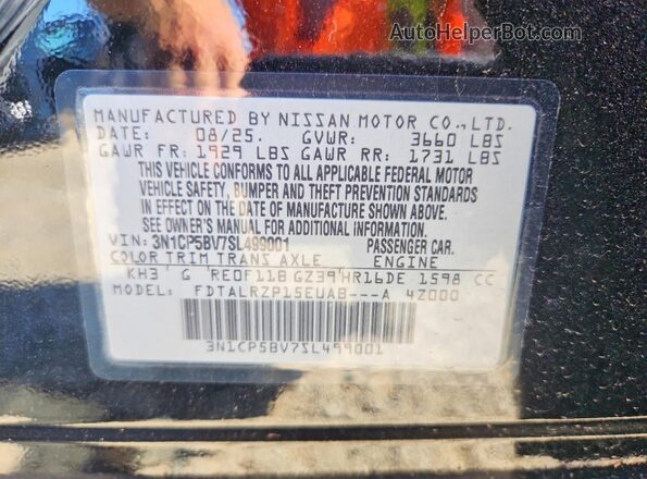 3N1CP5BV7SL499001 2025 NISSAN KICKS Черный Вид наклейки с VIN-кодом