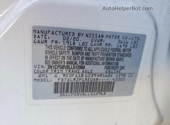 3N1CP5BV8LL512968 2020 NISSAN KICKS Белый Вид наклейки с VIN-кодом