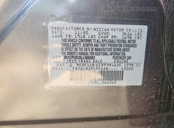 3N1CP5BV8LL566562 2020 NISSAN KICKS Gray Vista del compartimento del motor