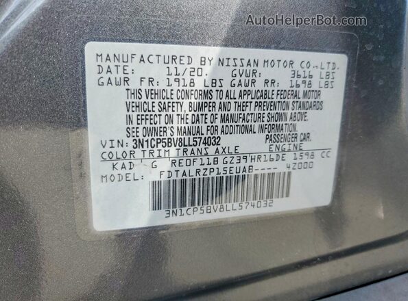 3N1CP5BV8LL574032 2020 NISSAN KICKS Gray Вид наклейки з VIN-кодом