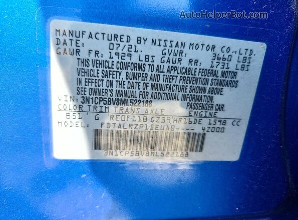 3N1CP5BV8ML522188 2021 NISSAN KICKS Blue ძრავის განყოფილების ხედი