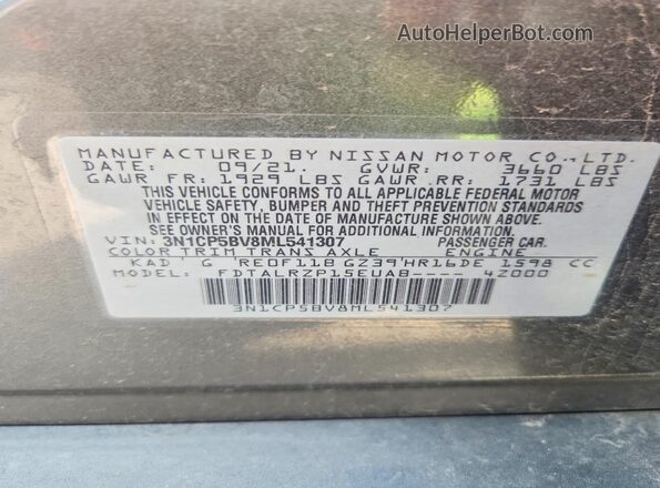 3N1CP5BV8ML541307 2021 NISSAN KICKS Gray Вид наклейки з VIN-кодом