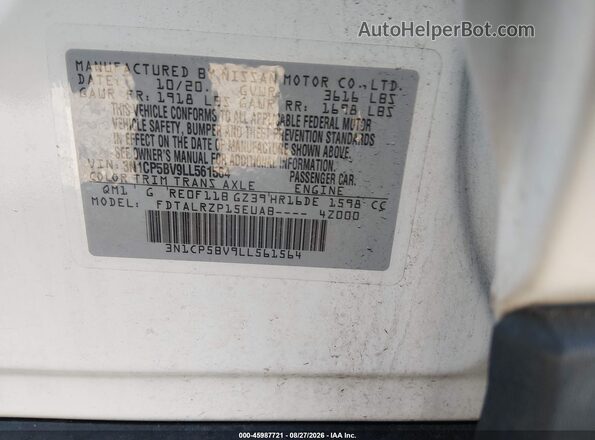 3N1CP5BV9LL561564 2020 NISSAN KICKS White Vista del compartimento del motor