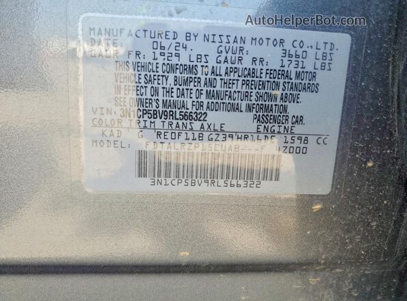 3N1CP5BV9RL566322 2024 NISSAN KICKS Gray Widok naklejki z numerem VIN