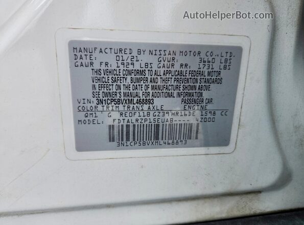 3N1CP5BVXML468893 2021 NISSAN KICKS White Widok naklejki z numerem VIN