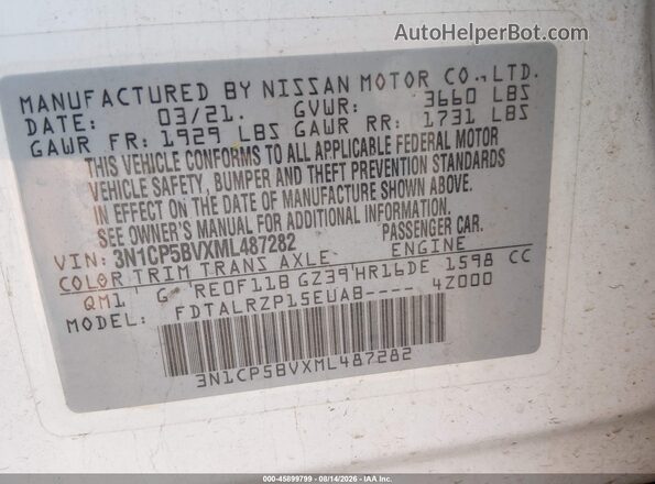 3N1CP5BVXML487282 2021 NISSAN KICKS White Engine compartment view