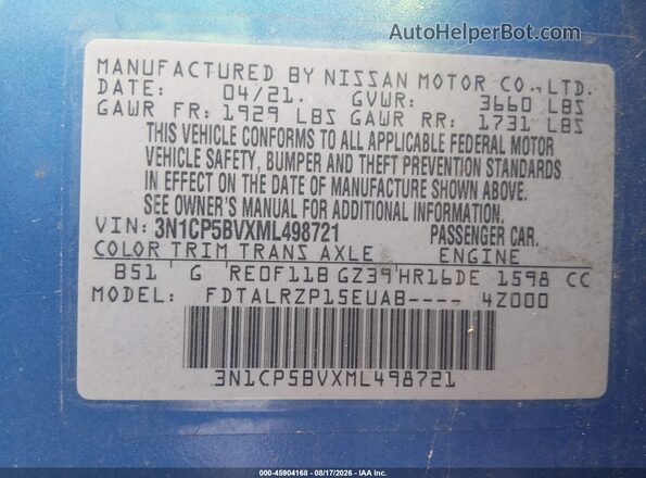 3N1CP5BVXML498721 2021 NISSAN KICKS Blue Widok komory silnika