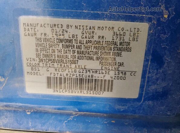 3N1CP5BVXRL515007 2024 NISSAN KICKS Blue Vista de la etiqueta del VIN