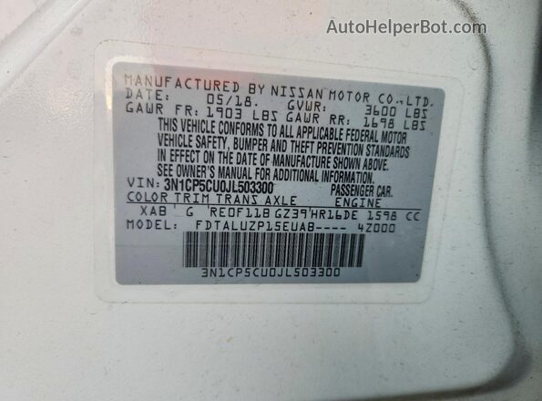 3N1CP5CU0JL503300 2018 NISSAN KICKS White VIN կոդի պիտակի տեսք