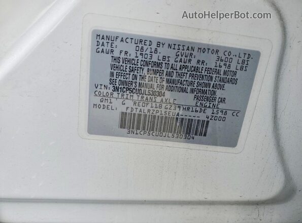 3N1CP5CU0JL530304 2018 NISSAN KICKS White Vista de la etiqueta del VIN