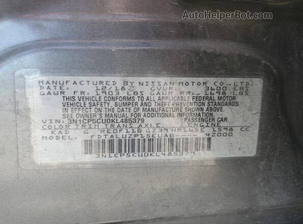 3N1CP5CU0KL485379 2019 NISSAN KICKS Серый Вид наклейки с VIN-кодом