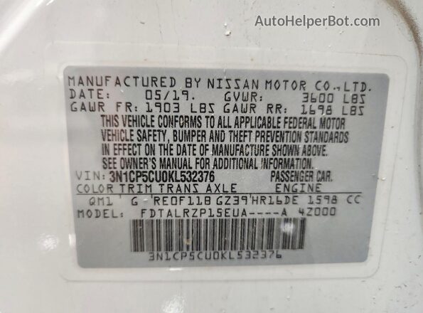 3N1CP5CU0KL532376 2019 NISSAN KICKS White Vista del compartimento del motor