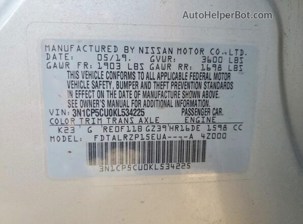 3N1CP5CU0KL534225 2019 NISSAN KICKS Silver Engine compartment view