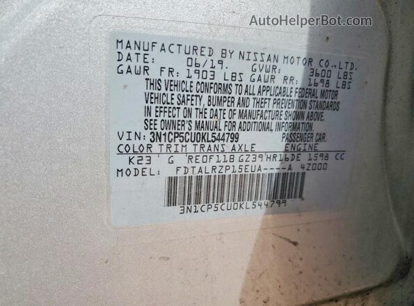 3N1CP5CU0KL544799 2019 NISSAN KICKS Silver VIN კოდის სტიკერის ხედი