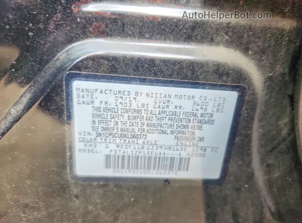 3N1CP5CU0KL560372 2019 NISSAN KICKS Black VIN sticker view