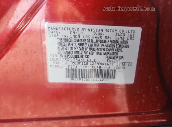 3N1CP5CU0KL561232 2019 NISSAN KICKS Бордовый Вид наклейки с VIN-кодом