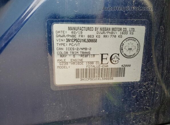 3N1CP5CU1KL506658 2019 NISSAN KICKS Blue VIN կոդի պիտակի տեսք