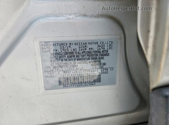 3N1CP5CU1KL519264 2019 NISSAN KICKS Серебряный Вид наклейки с VIN-кодом